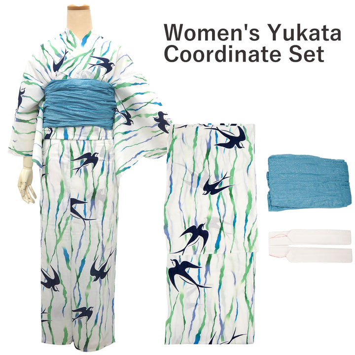 Women's Yukata Coordinate Set of 3 For Beginners : White Yukata &Sky blue Obi