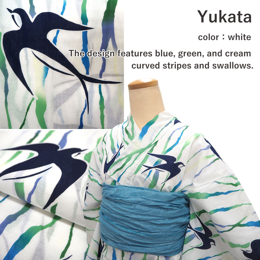 Women's Yukata Coordinate Set of 3 For Beginners : White Yukata &Sky blue Obi