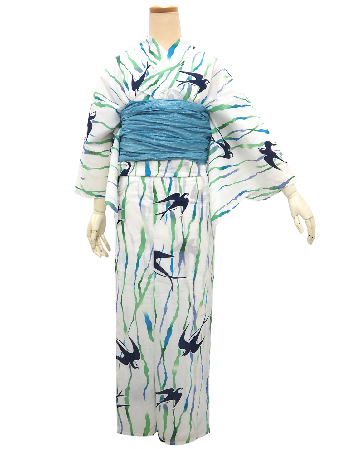 Women's Yukata Coordinate Set of 3 For Beginners : White Yukata &Sky blue Obi