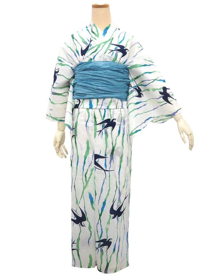 Women's Yukata Coordinate Set of 3 For Beginners : White Yukata &Sky blue Obi