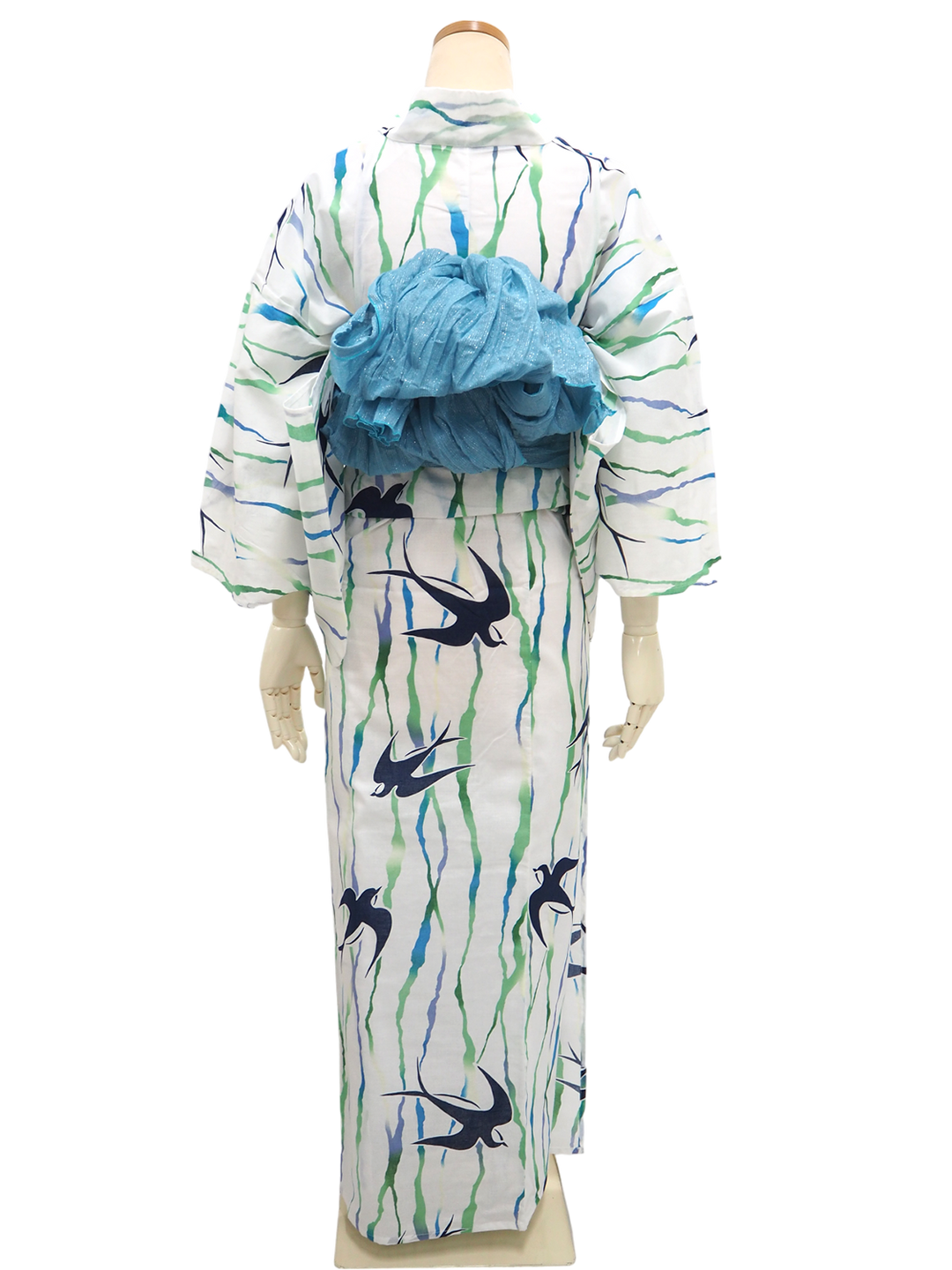 Women's Yukata Coordinate Set of 3 For Beginners : White Yukata &Sky blue Obi