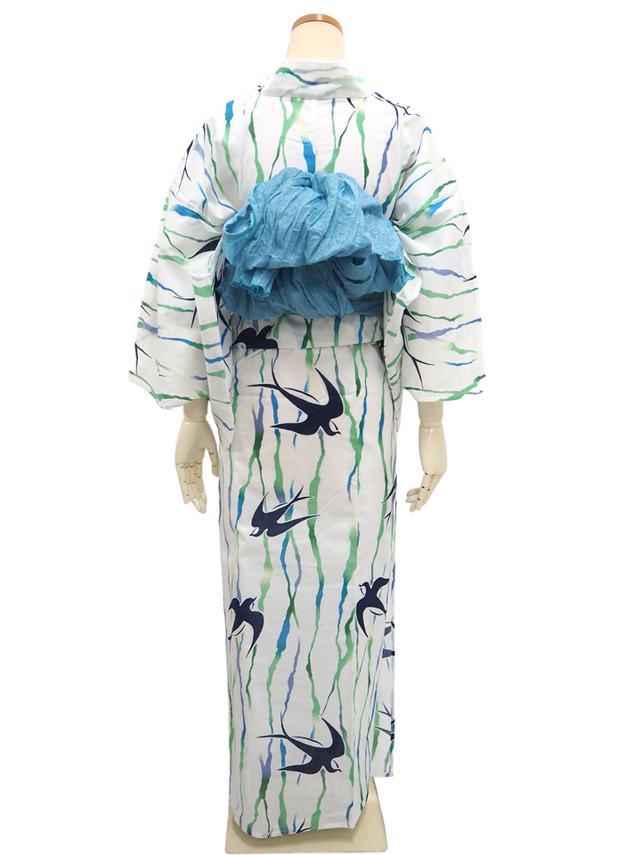 Women's Yukata Coordinate Set of 3 For Beginners : White Yukata &Sky blue Obi