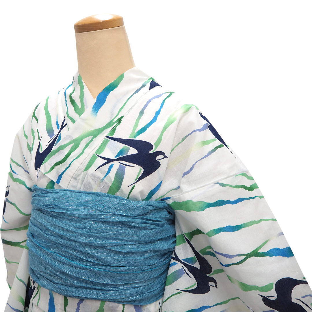 Women's Yukata Coordinate Set of 3 For Beginners : White Yukata &Sky blue Obi