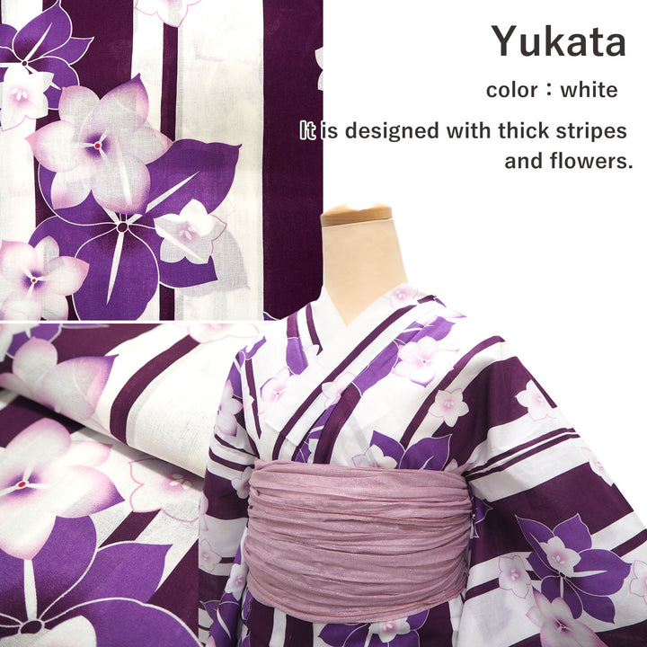 Women's Yukata Coordinate Set of 3 For Beginners : White Yukata & Rose mist Obi