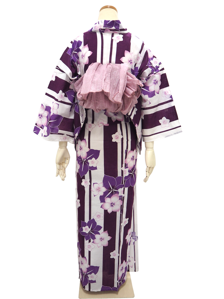 Women's Yukata Coordinate Set of 3 For Beginners : White Yukata & Rose mist Obi