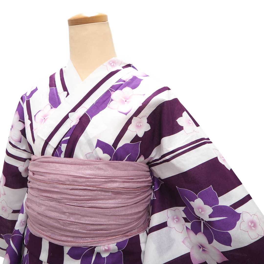 Women's Yukata Coordinate Set of 3 For Beginners : White Yukata & Rose mist Obi