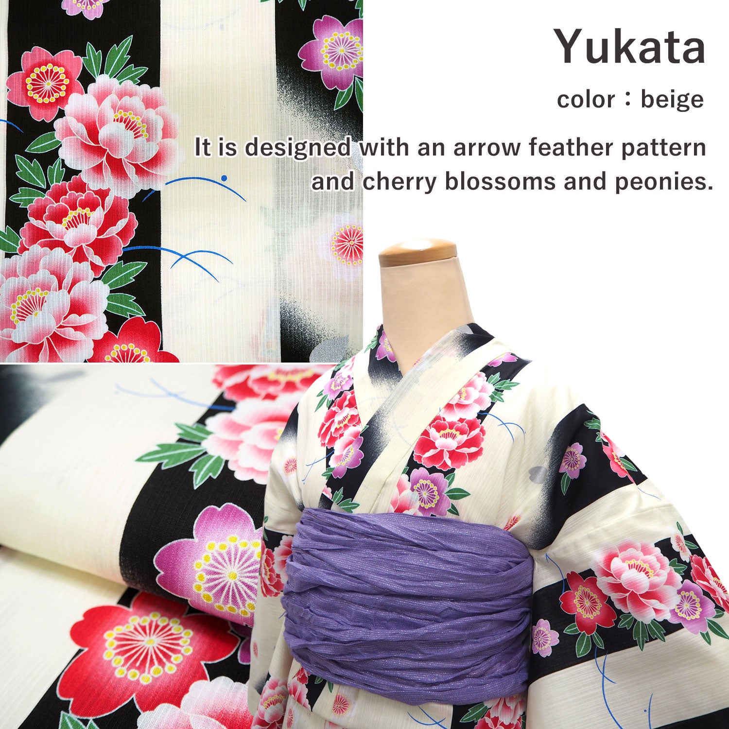 Women's Cotton Yukata Coordinate Set For Beginners : Beige