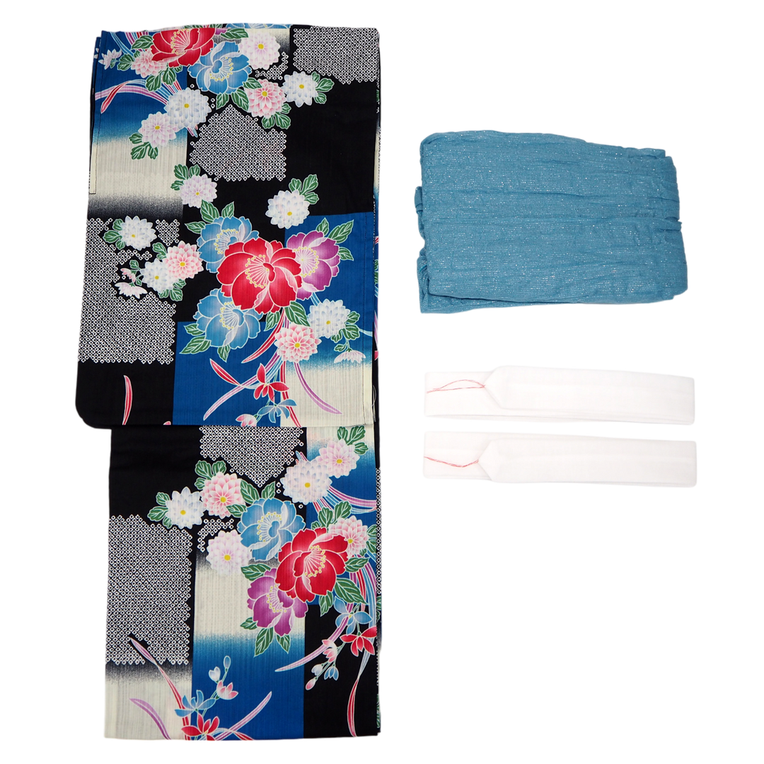 Women's Yukata Coordinate Set of 3 For Beginners : Black Yukata & Sky blue Obi