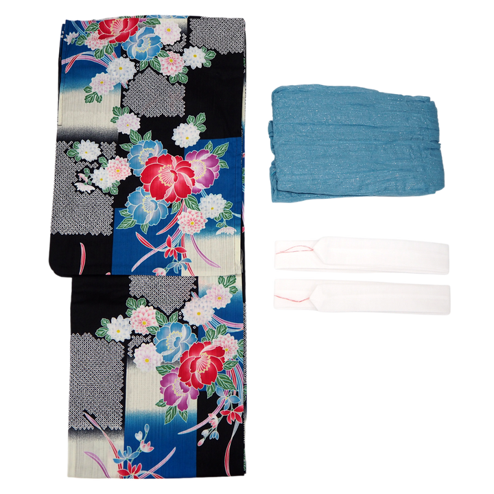 Women's Yukata Coordinate Set of 3 For Beginners : Black Yukata & Sky blue Obi