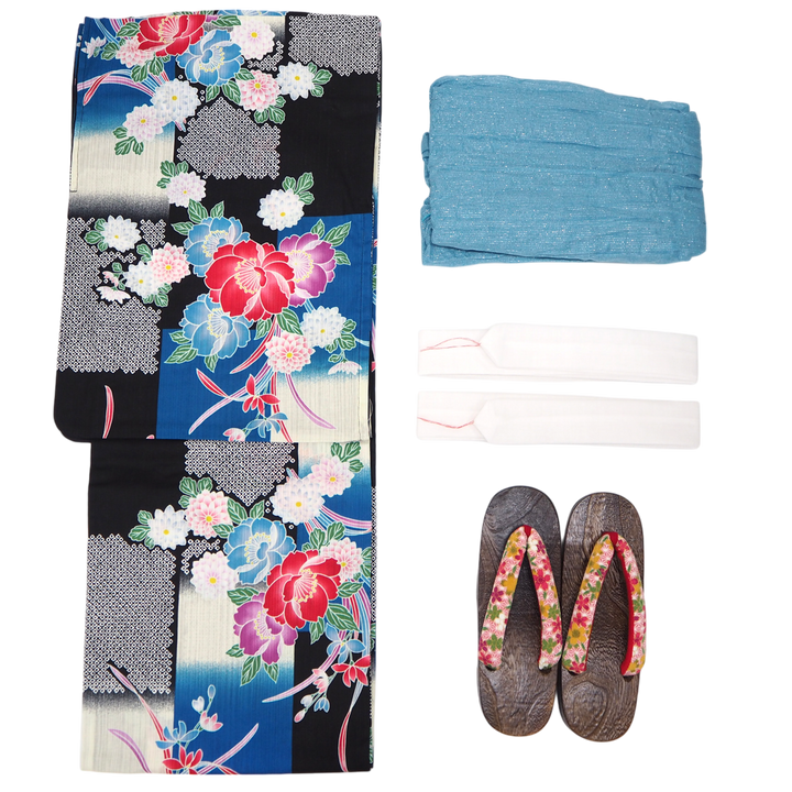 Women's Yukata Coordinate Set of 3 For Beginners : Black Yukata & Sky blue Obi