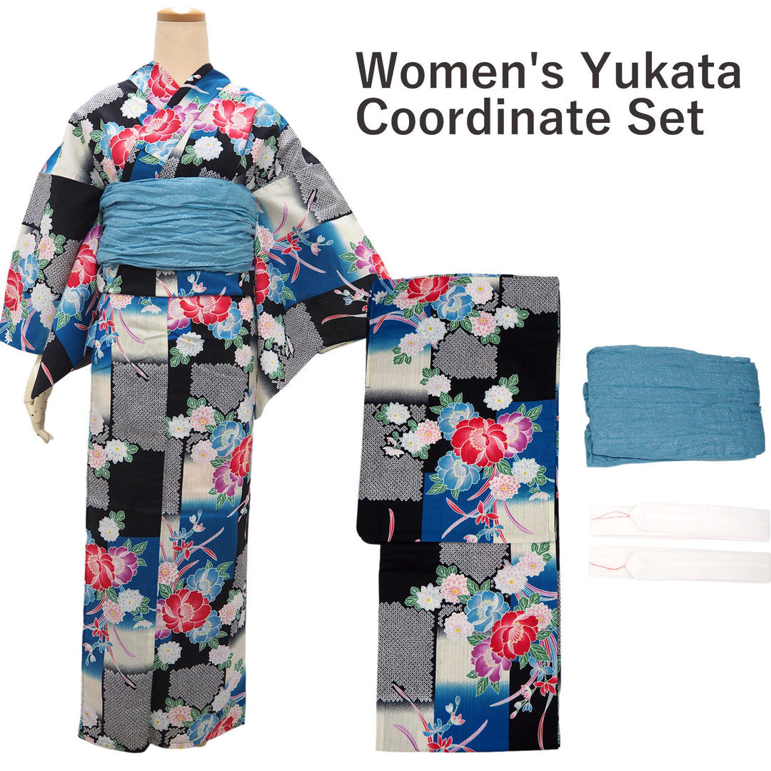 Women's Yukata Coordinate Set of 3 For Beginners : Black Yukata & Sky blue Obi