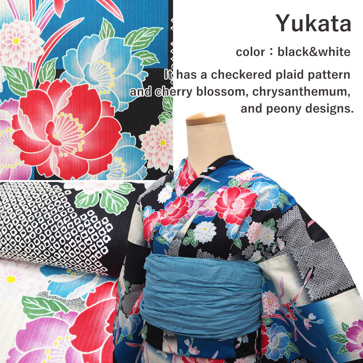 Women's Yukata Coordinate Set of 3 For Beginners : Black Yukata & Sky blue Obi