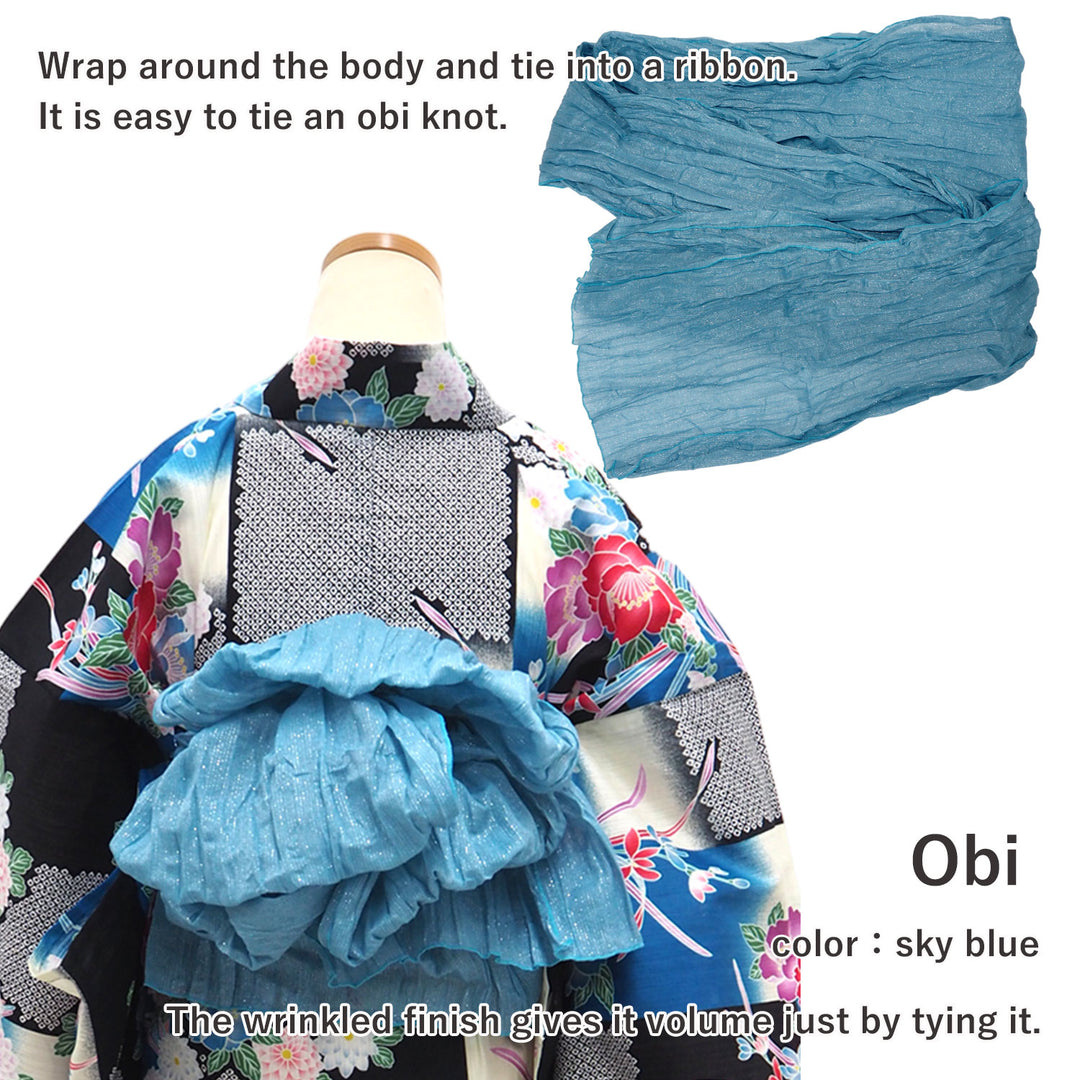 Women's Yukata Coordinate Set of 3 For Beginners : Black Yukata & Sky blue Obi