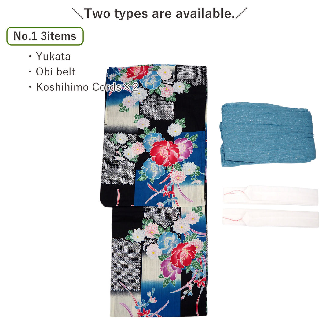 Women's Yukata Coordinate Set of 3 For Beginners : Black Yukata & Sky blue Obi