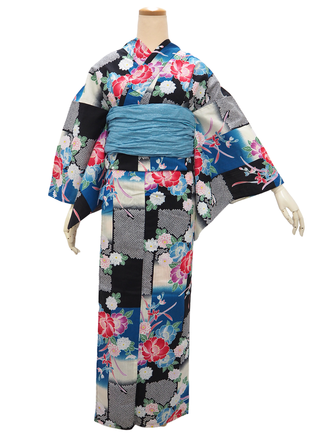 Women's Yukata Coordinate Set of 3 For Beginners : Black Yukata & Sky blue Obi