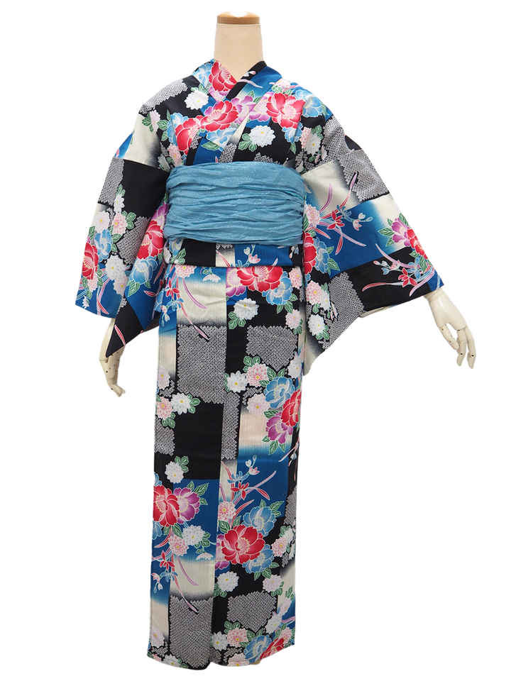 Women's Yukata Coordinate Set of 3 For Beginners : Black Yukata & Sky blue Obi