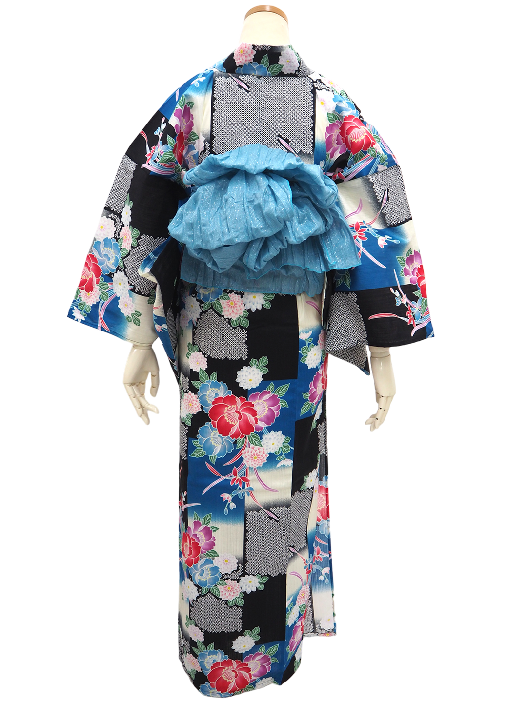 Women's Yukata Coordinate Set of 3 For Beginners : Black Yukata & Sky blue Obi