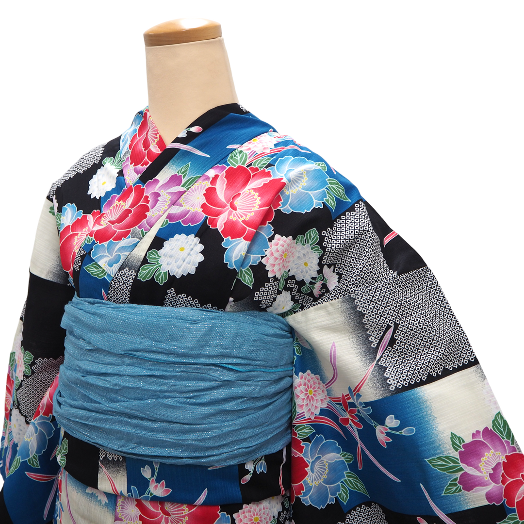 Women's Yukata Coordinate Set of 3 For Beginners : Black Yukata & Sky blue Obi