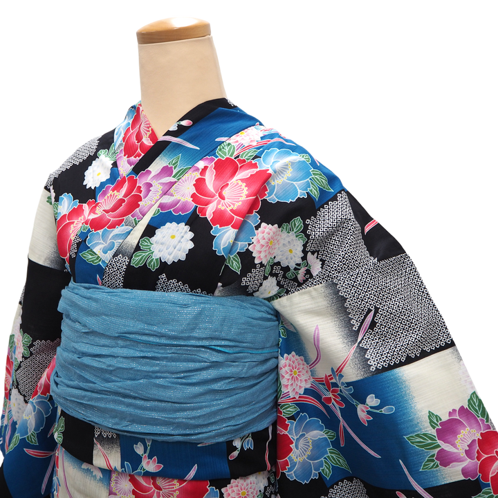 Women's Yukata Coordinate Set of 3 For Beginners : Black Yukata & Sky blue Obi