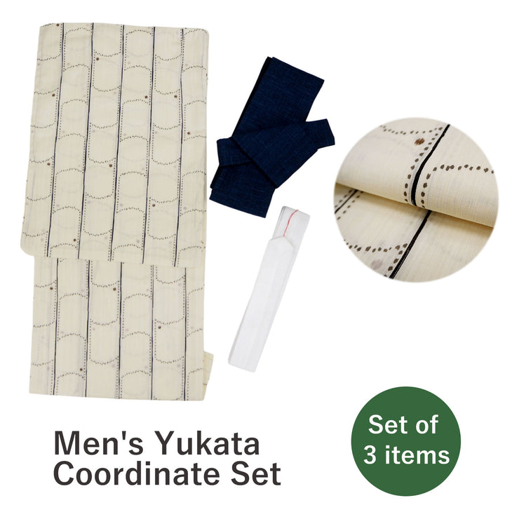 Men's Yukata Coordinate Set of 3 For Beginners :Light beige Yukata&Navy Obi