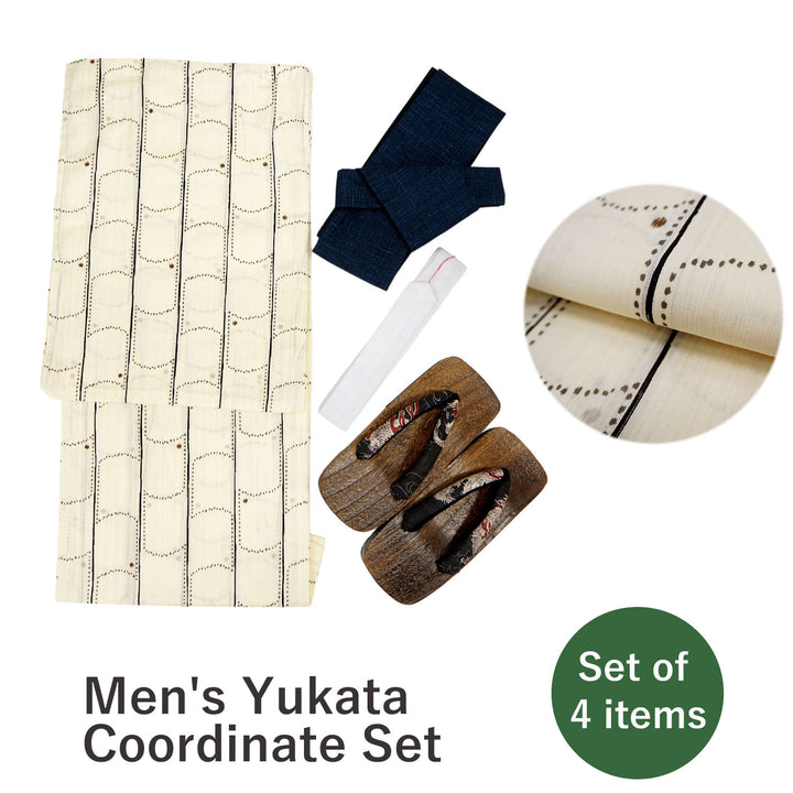 Men's Yukata Coordinate Set of 4 For Beginners :Light beige Yukata&Navy Obi