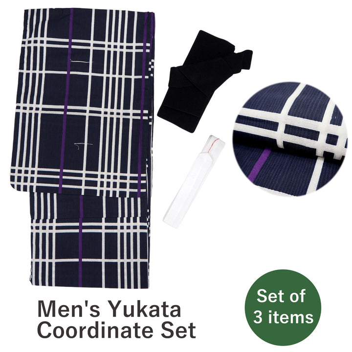 Men's Yukata Coordinate Set of 3 For Beginners :Dark bule Yukata&Black Obi