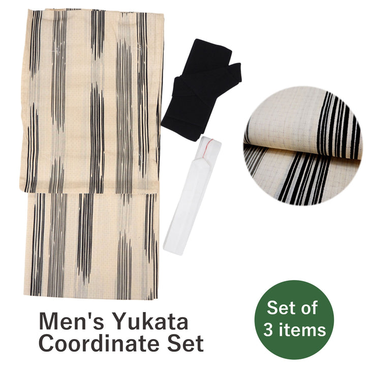 Men's Yukata Coordinate Set of 3 For Beginners :Light Beige Yukata&Black Obi