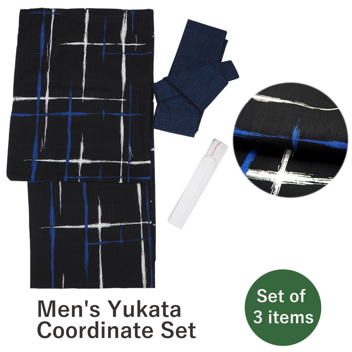 Men's Yukata Coordinate Set of 3 For Beginners :Black Yukata&navy Obi