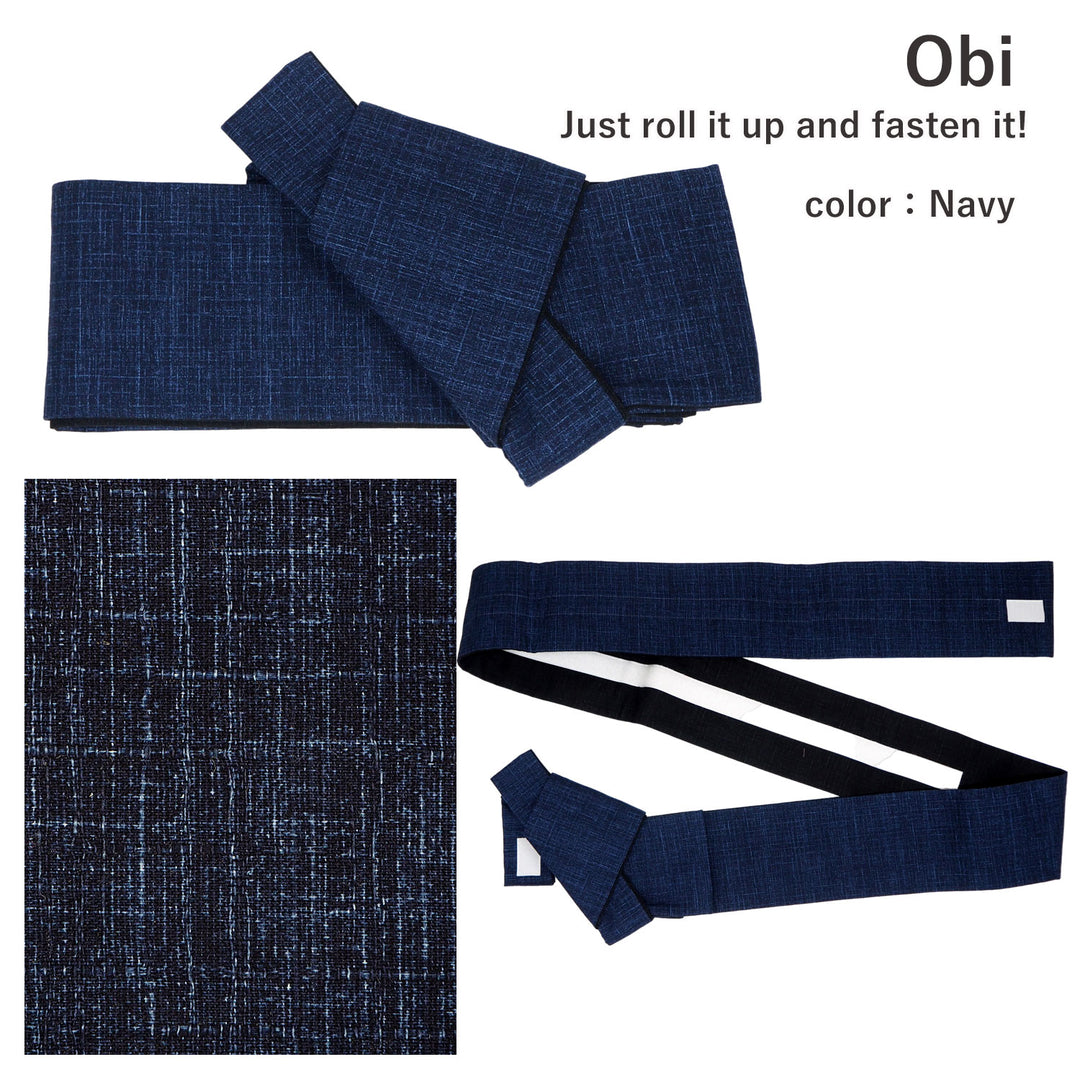 Men's Yukata Coordinate Set of 3 For Beginners :Black Yukata&navy Obi