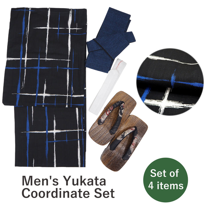 Men's Yukata Coordinate Set of 4 For Beginners :Black Yukata&navy Obi