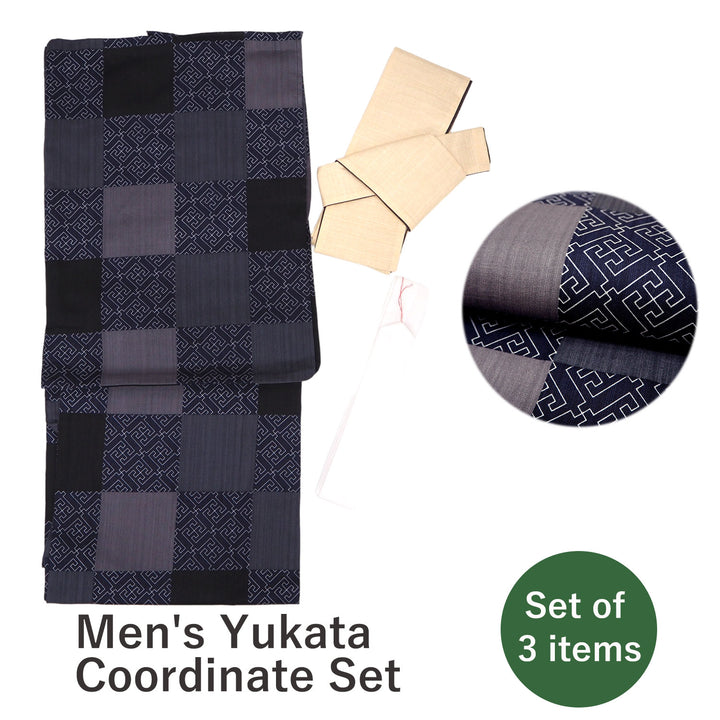 Men's Yukata Coordinate Set of 3 For Beginners :Black&Gray Yukata&beige Obi