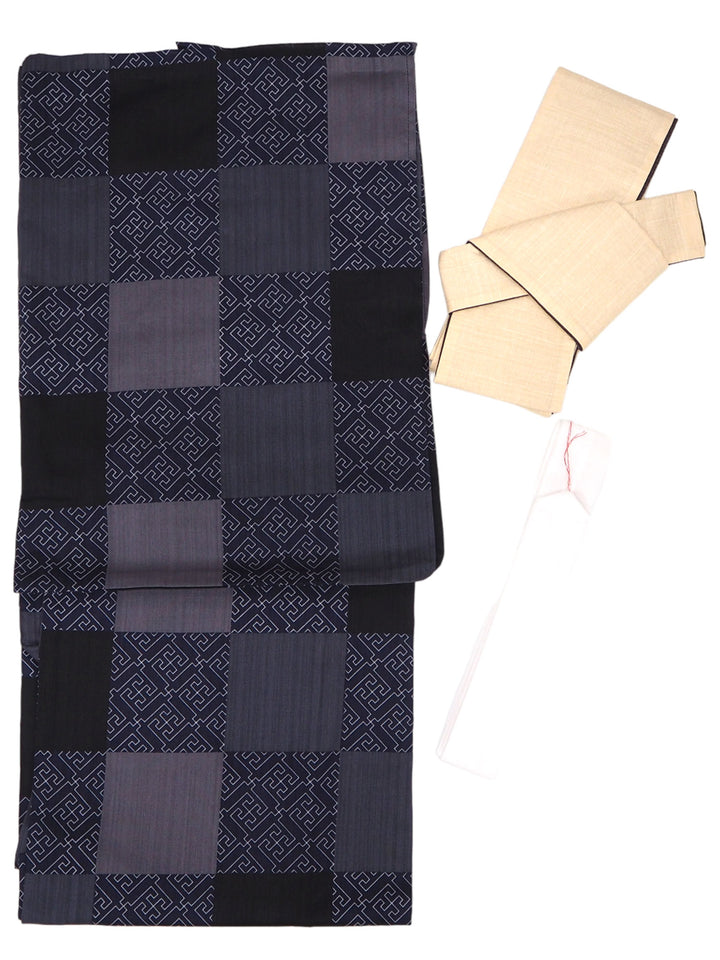 Men's Yukata Coordinate Set of 3 For Beginners :Black&Gray Yukata&beige Obi