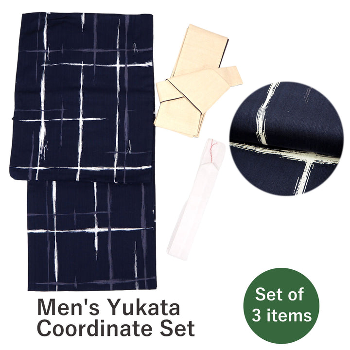 Men's Yukata Coordinate Set of 3 For Beginners :Dark bule Yukata&beige Obi