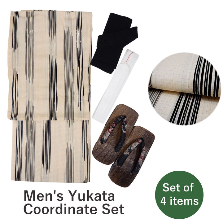 Men's Yukata Coordinate Set of 4 For Beginners :Light beige Yukata&black Obi