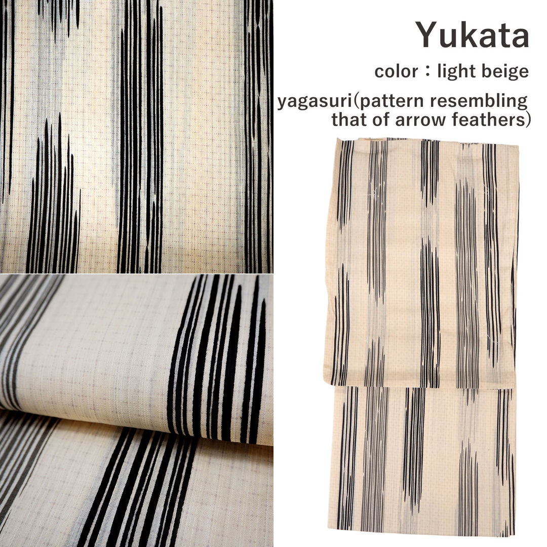 Men's Yukata Coordinate Set of 3 For Beginners :Light Beige Yukata&Black Obi