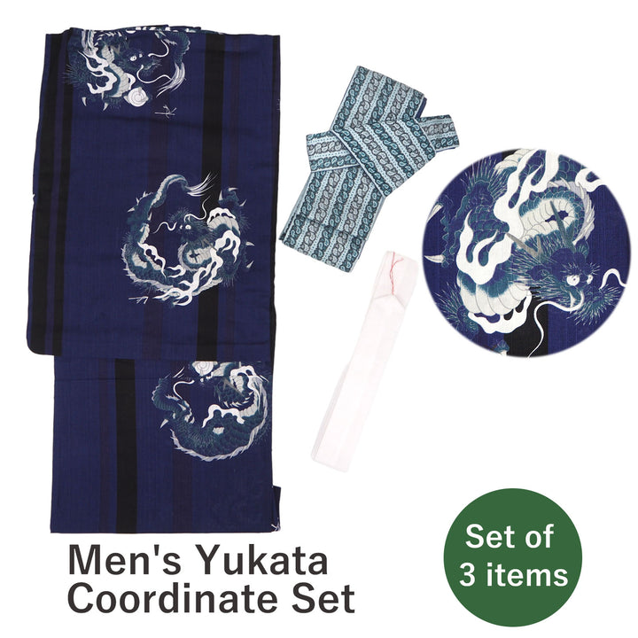 Men's Yukata Coordinate Set of 3 For Beginners :Bule Yukata&Bulegreen Obi