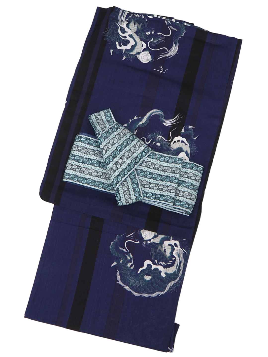 Men's Yukata Coordinate Set of 3 For Beginners :Bule Yukata&Bulegreen Obi