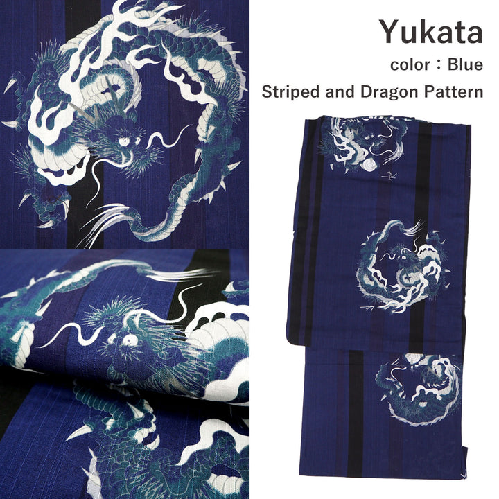 Men's Yukata Coordinate Set of 3 For Beginners :Bule Yukata&Bulegreen Obi