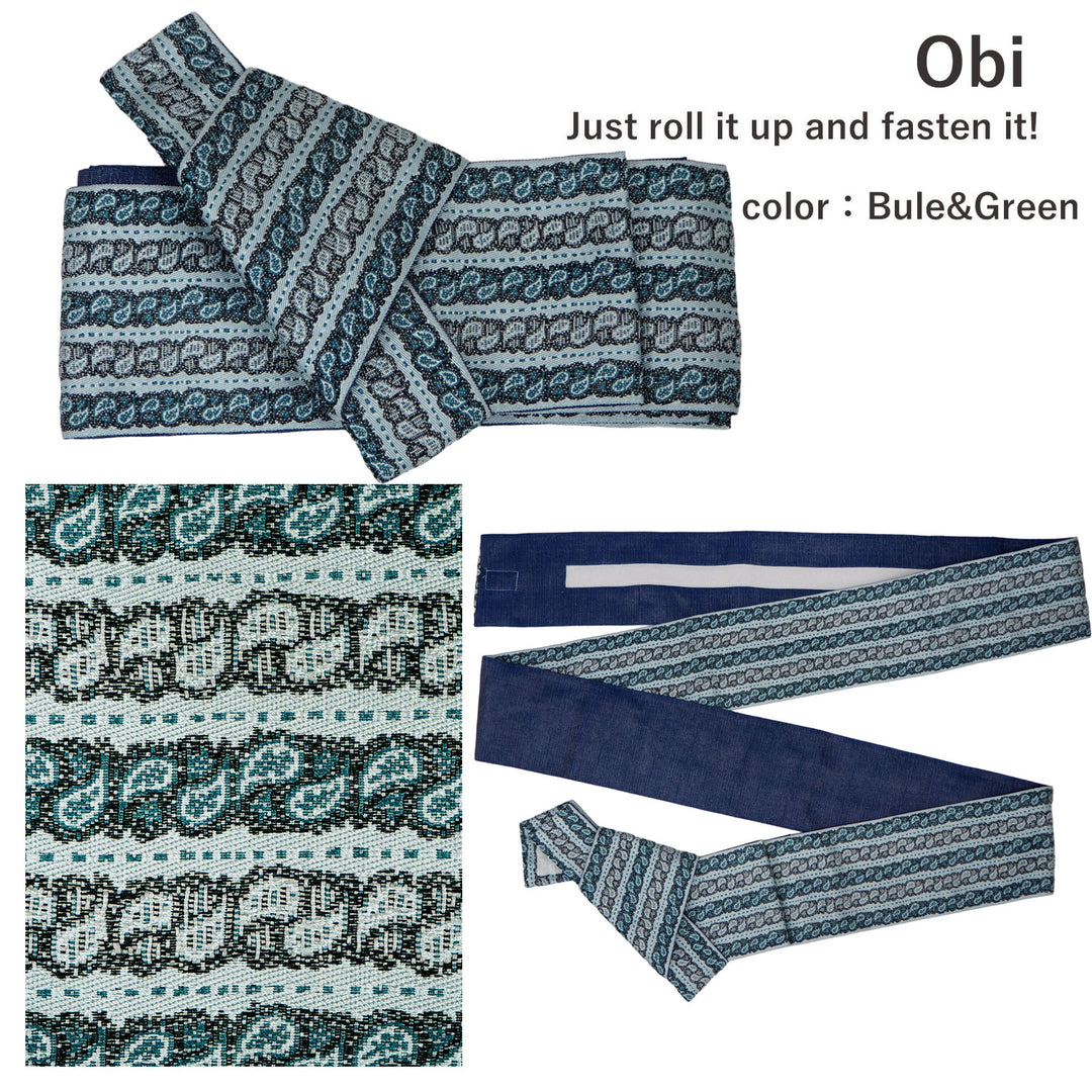 Men's Yukata Coordinate Set of 3 For Beginners :Bule Yukata&Bulegreen Obi