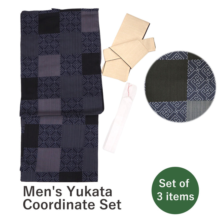 Men's Yukata Coordinate Set of 3 For Beginners :Gray Yukata&Beige Obi