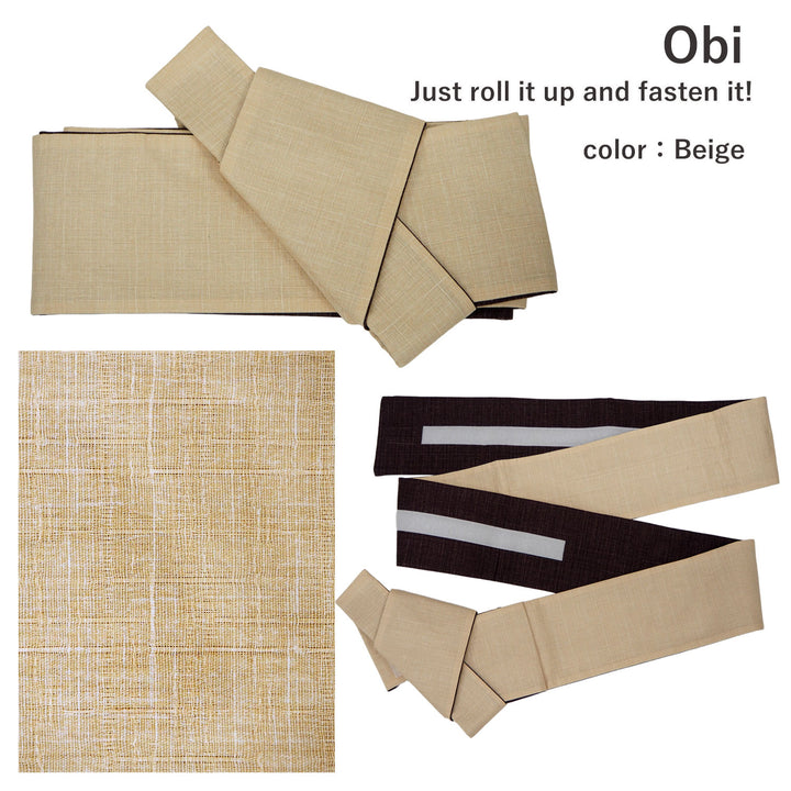 Men's Yukata Coordinate Set of 3 For Beginners :Black&Gray Yukata&beige Obi