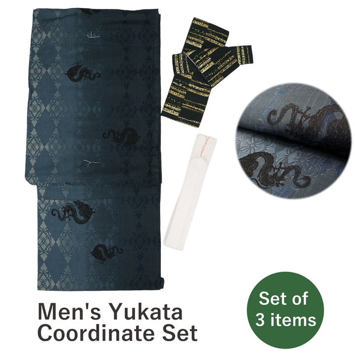 Men's Yukata Coordinate Set of 3 For Beginners :Blue-green Yukata&Black Obi