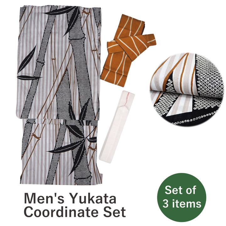 Men's Yukata Coordinate Set of 3 For Beginners :Gray Yukata&Yellow Obi