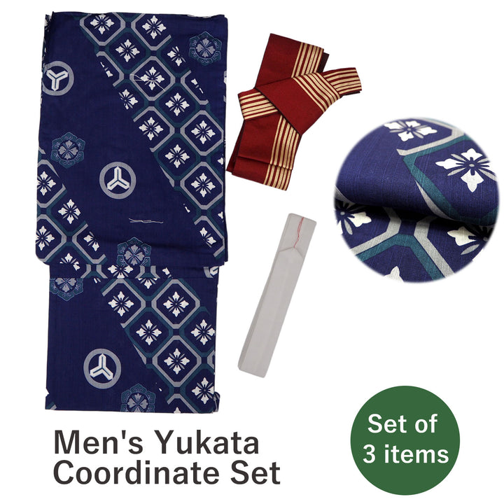 Men's Yukata Coordinate Set of 3 For Beginners :Navy Yukata&Red Obi