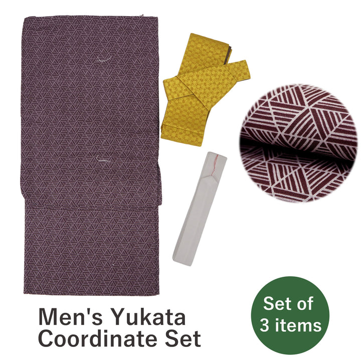 Men's Yukata Coordinate Set of 3 For Beginners :Purplish red Yukata&Yellow Obi