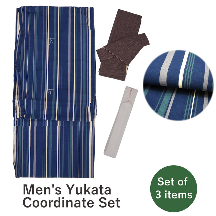 Men's Yukata Coordinate Set of 3 For Beginners :Navy Yukata&Brown Obi