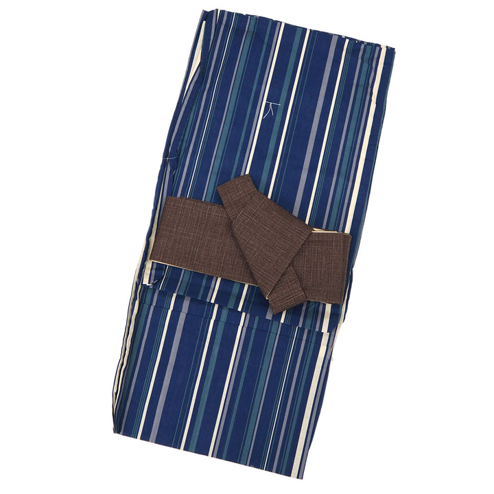 Men's Yukata Coordinate Set of 3 For Beginners :Navy Yukata&Brown Obi