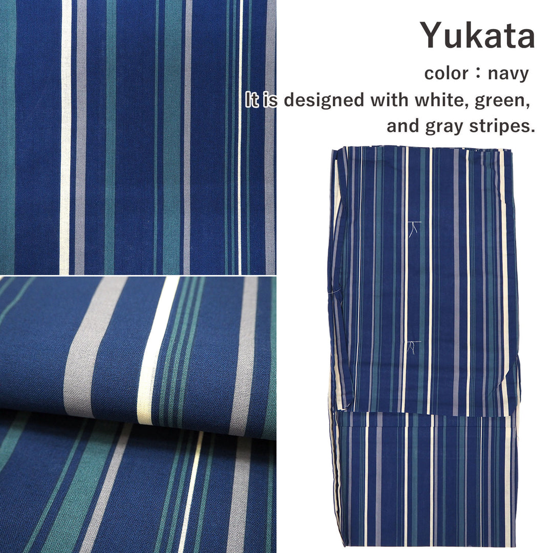 Men's Yukata Coordinate Set of 3 For Beginners :Navy Yukata&Brown Obi