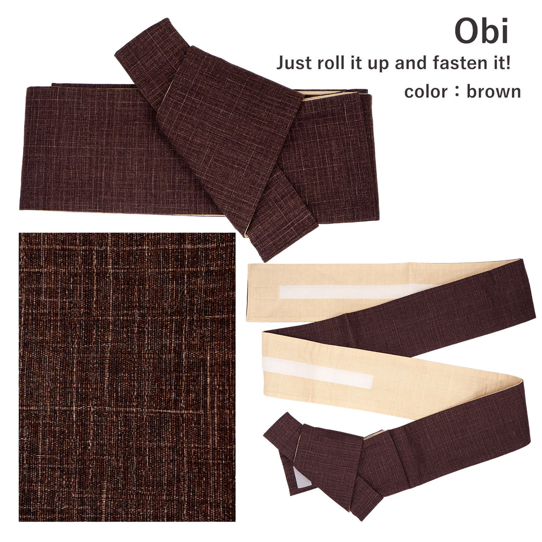 Men's Yukata Coordinate Set of 3 For Beginners :Navy Yukata&Brown Obi