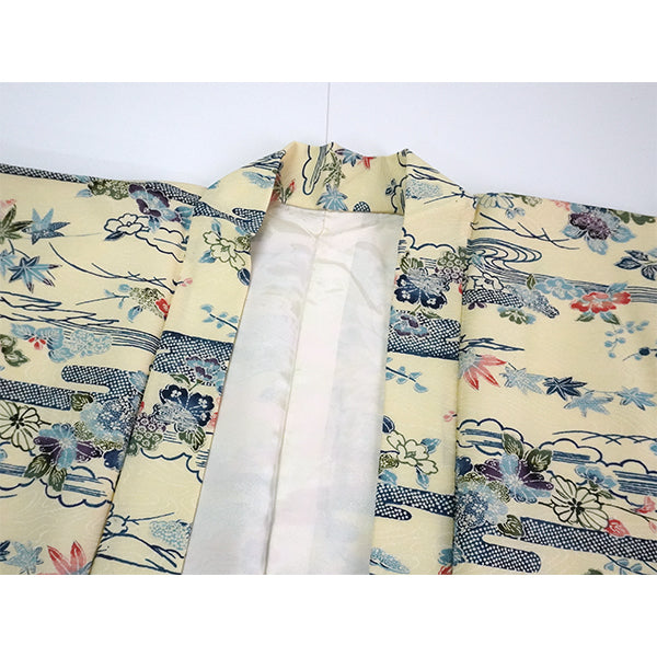 Vintage Haori Kimono Jacket Silk, Ivory Beige base, Clouds, Flowing Water, Maple Leaves & Mist Patterns